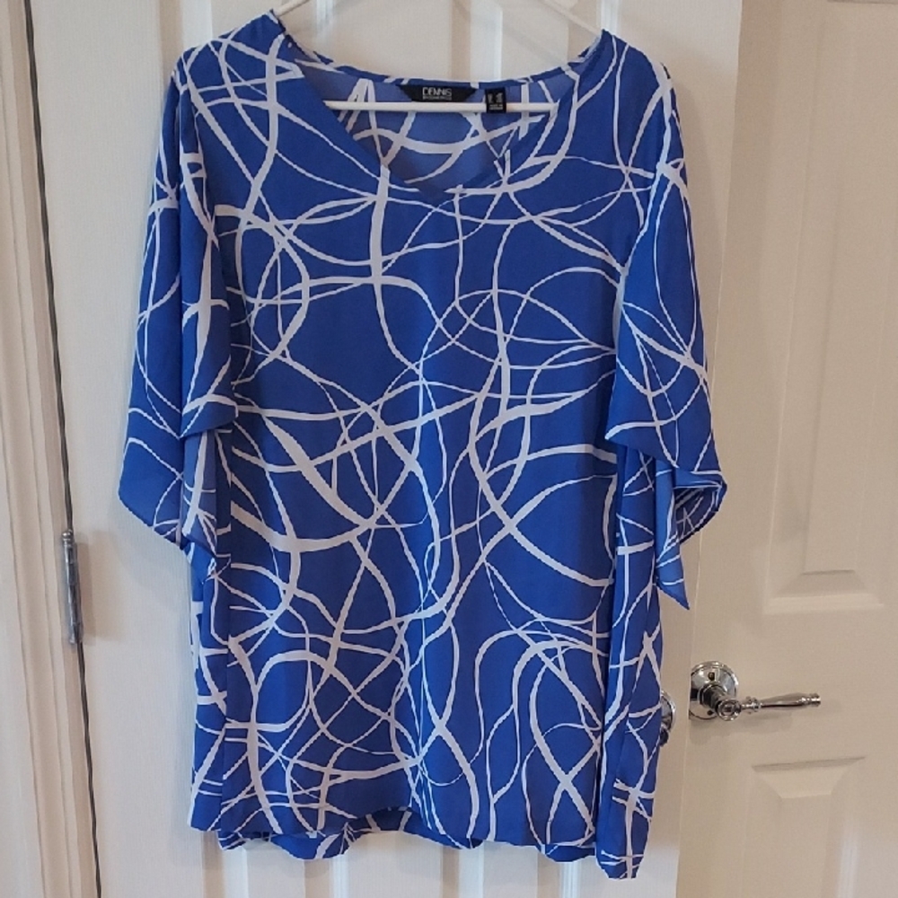 Dennis Basso Blue and White Abstract Blouse